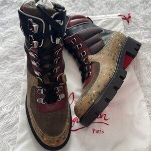 CHRISTIAN LOUBOUTIN Calfskin Canvas Elaneva Flat Hiking Boots size 37 Multicolor